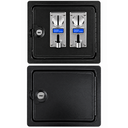 Dual arcade coin acceptor door with lock and key shown above a separate blank lower cash access door for easy coin collection and cabinet access.