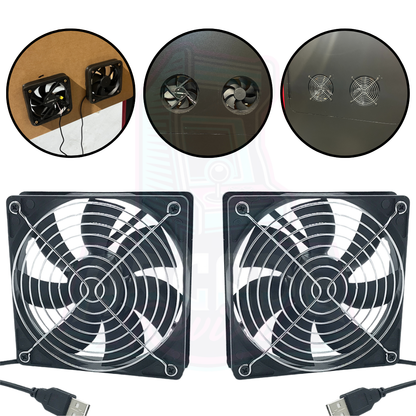 Alt text: Dual USB-powered arcade cooling fans with installation examples and airflow vents