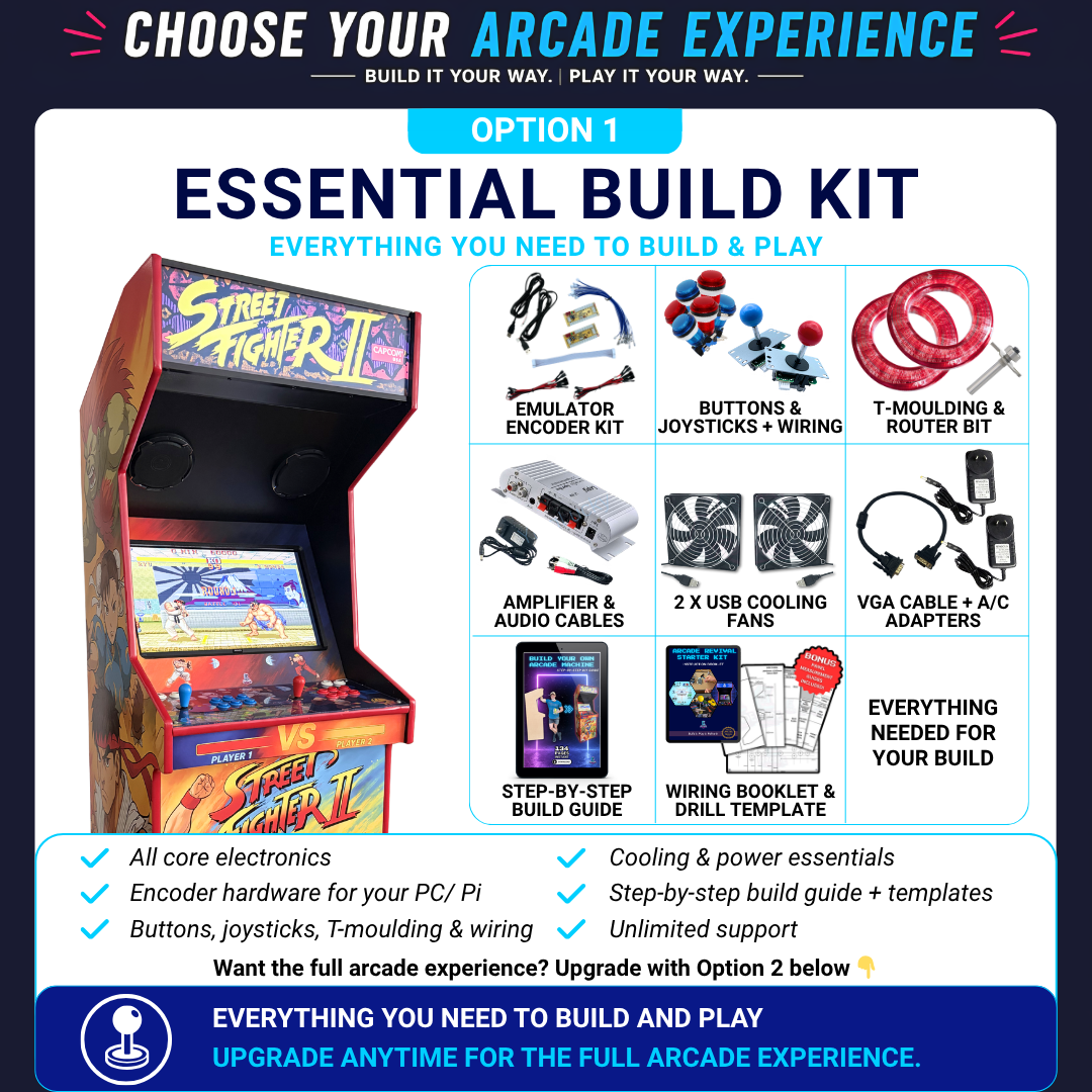 Essential emulator arcade starter kit showing included components for a DIY arcade machine build including joystick controls, wiring, cooling fans and build guide