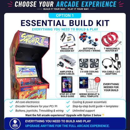 Essential emulator arcade starter kit showing included components for a DIY arcade machine build including joystick controls, wiring, cooling fans and build guide