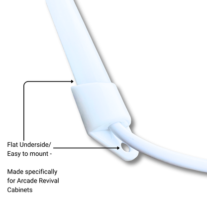 Flat underside of LED marquee light bar with mounting hole and labeled design showing fit for Arcade Revival cabinets.