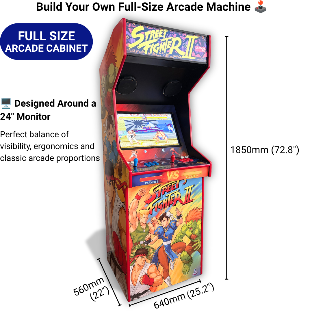 Build your own full-size arcade machine at home with the Arcade Revival DIY starter kit, showing cabinet dimensions and recommended 24-inch monitor setup