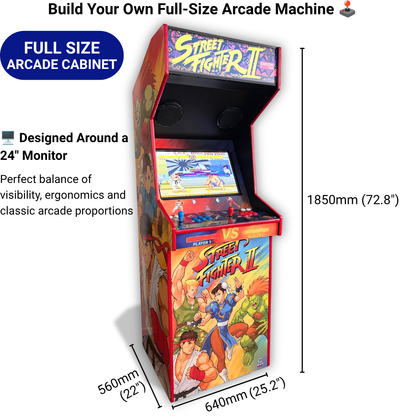 Build your own full-size arcade machine at home with the Arcade Revival DIY starter kit, showing cabinet dimensions and recommended 24-inch monitor setup