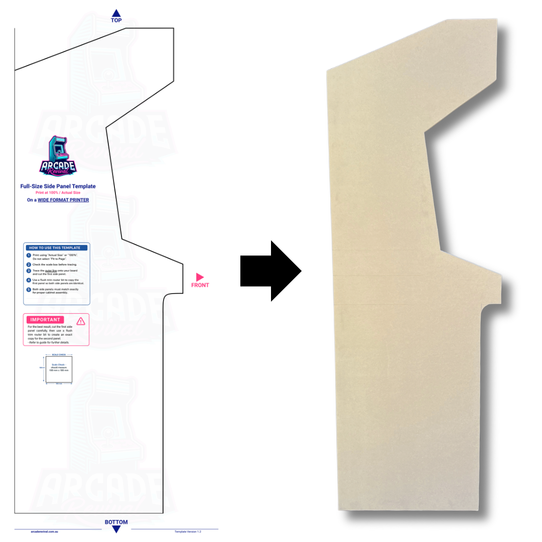 Full-size printed arcade cabinet side panel template used to trace and cut a DIY arcade cabinet side panel from MDF