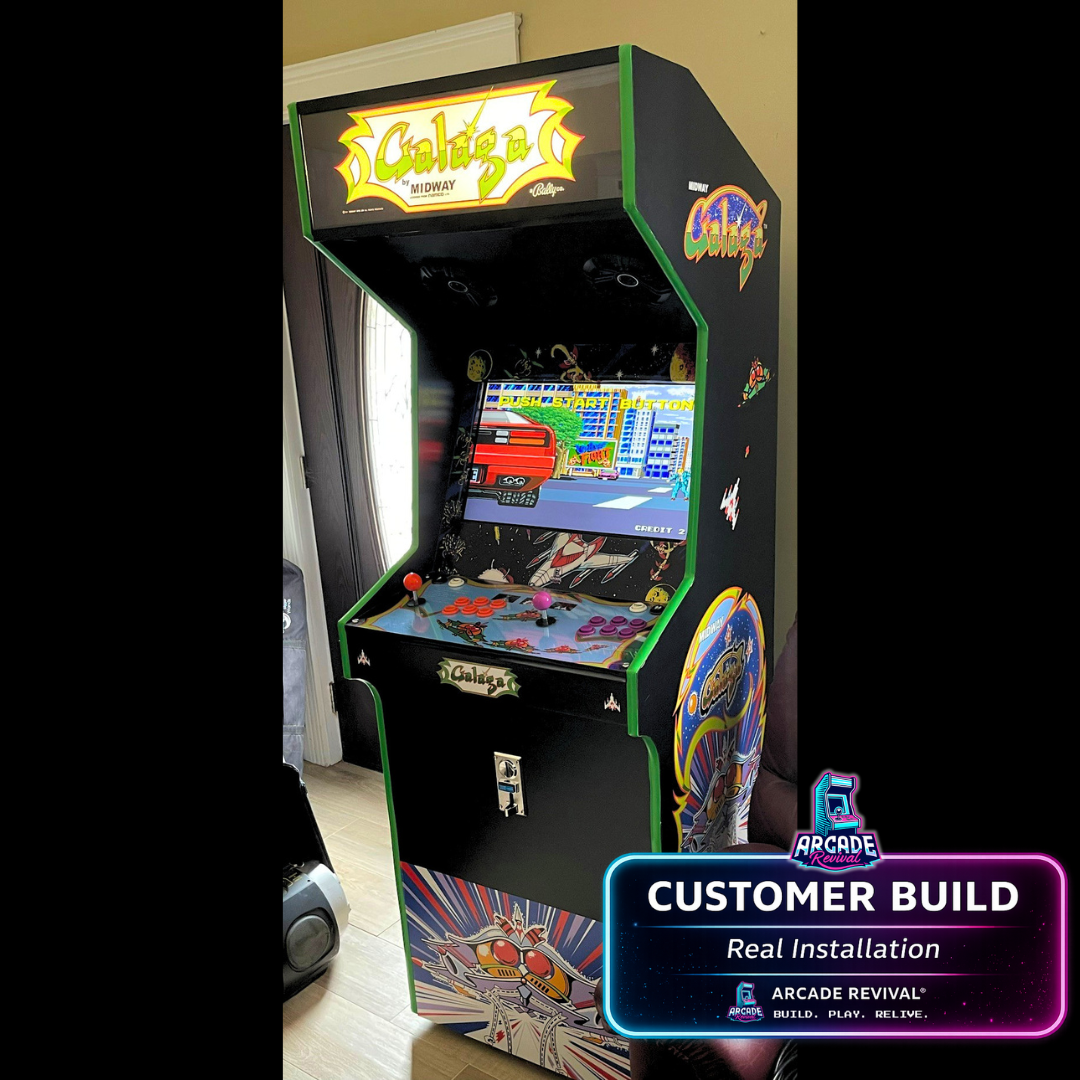 Galaga arcade cabinet customer build featuring Arcade Revival vinyl wrap with illuminated marquee, custom control panel and classic retro arcade artwork