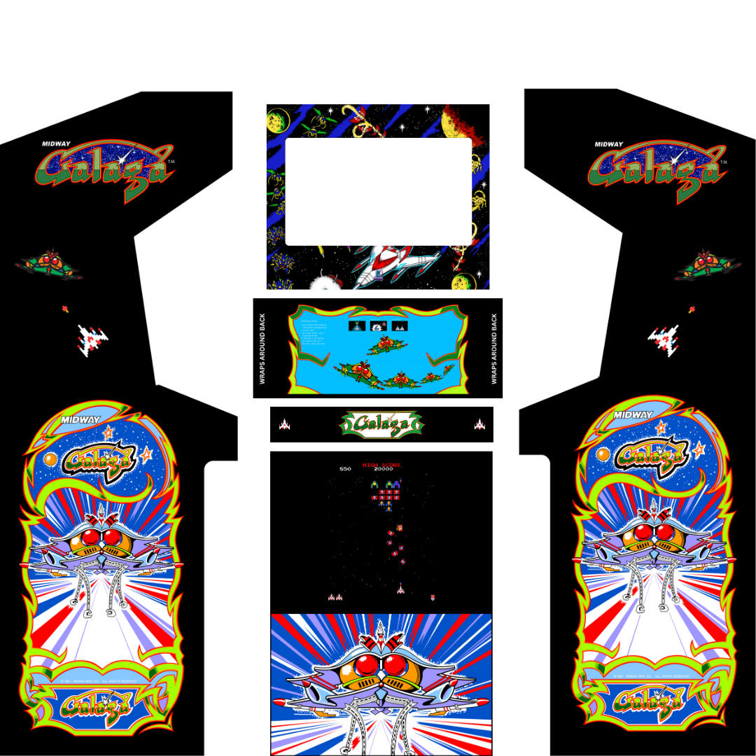 Galaga arcade cabinet vinyl wrap kit panels including side art, bezel and control panel overlay
