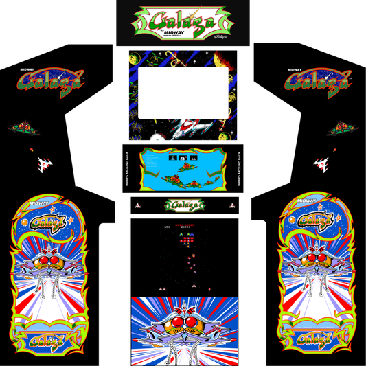 Galaga arcade cabinet wrap full kit layout showing side panels, marquee, control panel overlay, bezel and front artwork for 2 player upright cabinet
