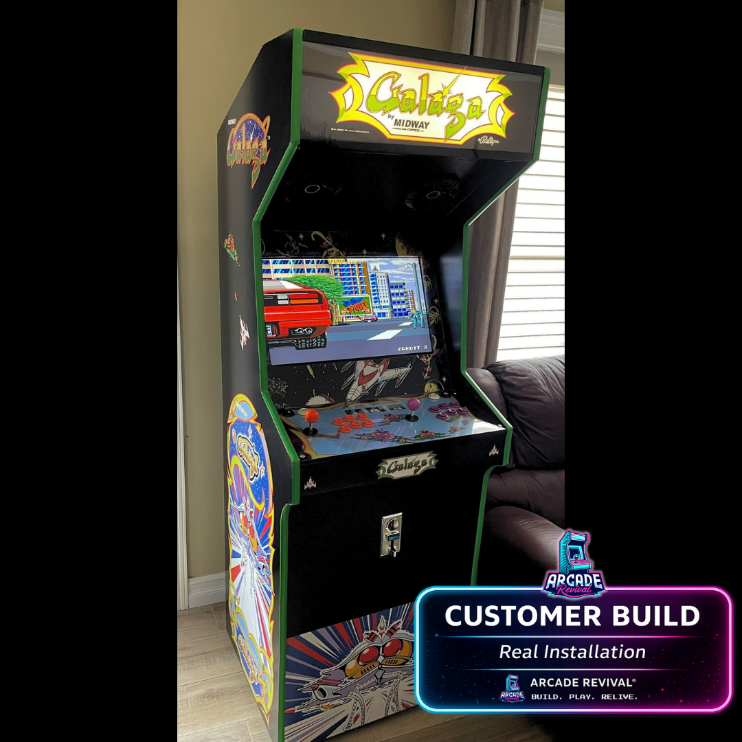Real installation of Galaga arcade cabinet wrap by Arcade Revival showing side panel artwork, illuminated marquee and finished DIY arcade build