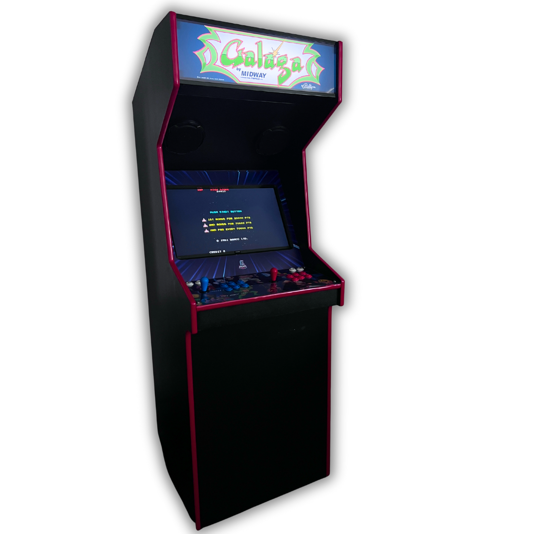Full arcade cabinet with Galaga reproduction marquee and gameplay on screen, light-up marquee printed and installed for restoration projects.