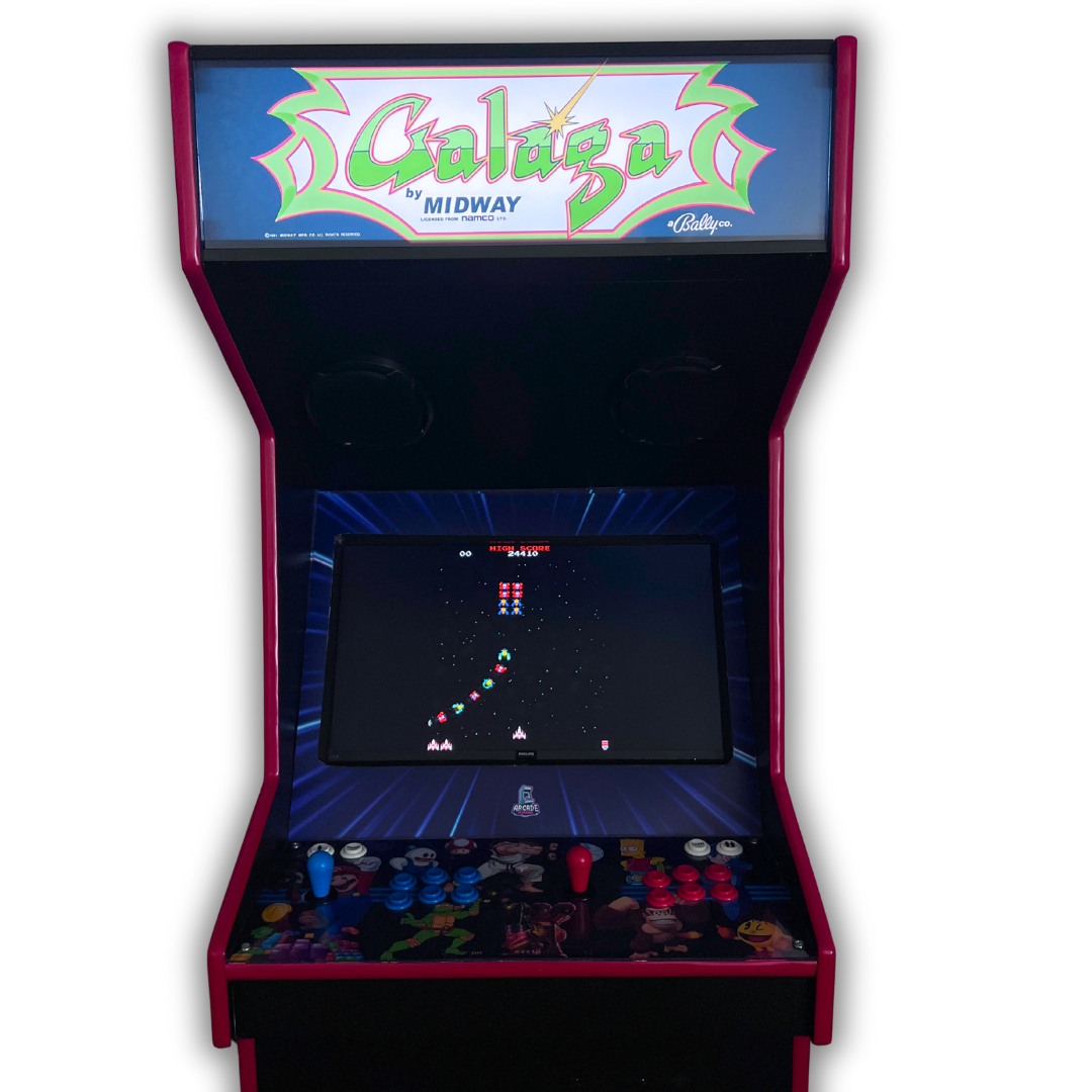 Galaga reproduction arcade marquee installed on custom cabinet with backlit display, showcasing classic Midway artwork.