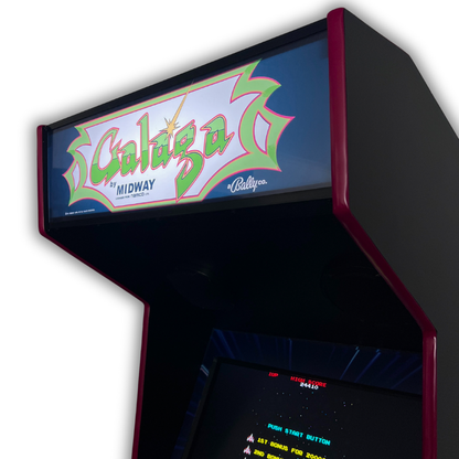 Side angle view of Galaga reproduction light-up marquee installed on arcade cabinet, featuring bright retro Midway artwork.