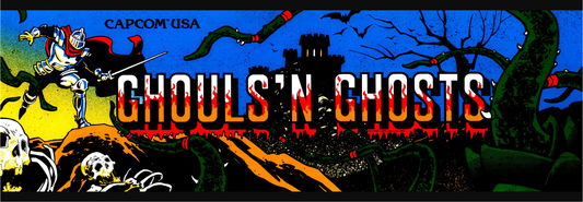 Ghouls ’N Ghosts reproduction arcade marquee featuring Capcom’s 1988 artwork with Sir Arthur and gothic castle background.