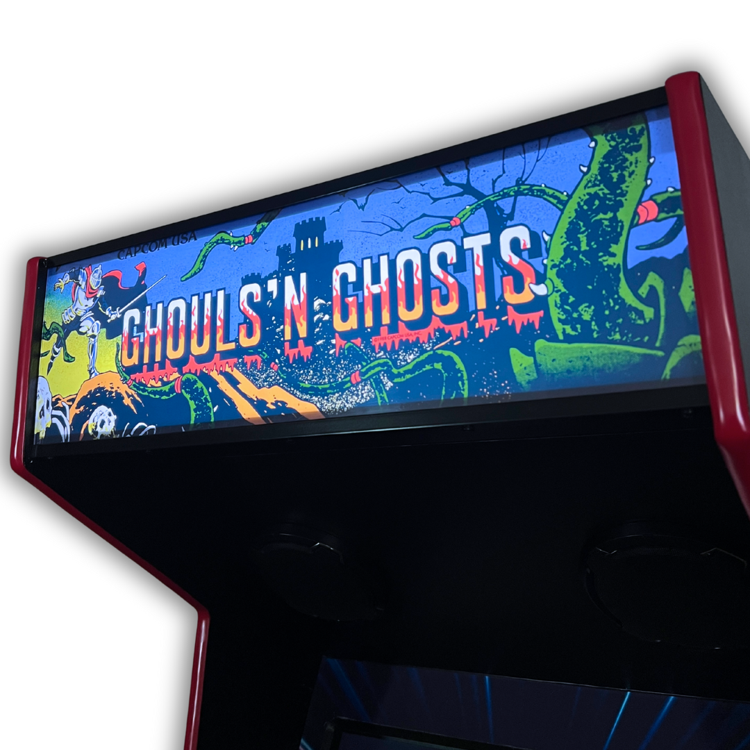 Angled view of Ghouls ’N Ghosts arcade cabinet featuring backlit reproduction marquee artwork