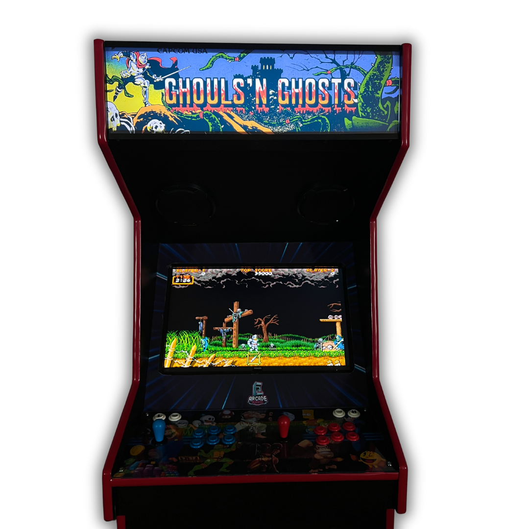 Ghouls ’N Ghosts reproduction arcade marquee installed on full-size cabinet with game running on screen