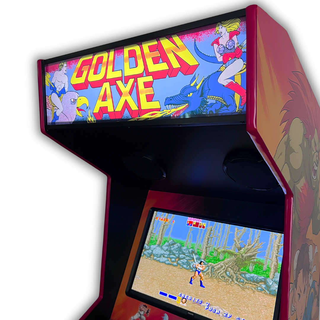 Angled close-up of backlit Golden Axe arcade marquee reproduction on upright arcade cabinet