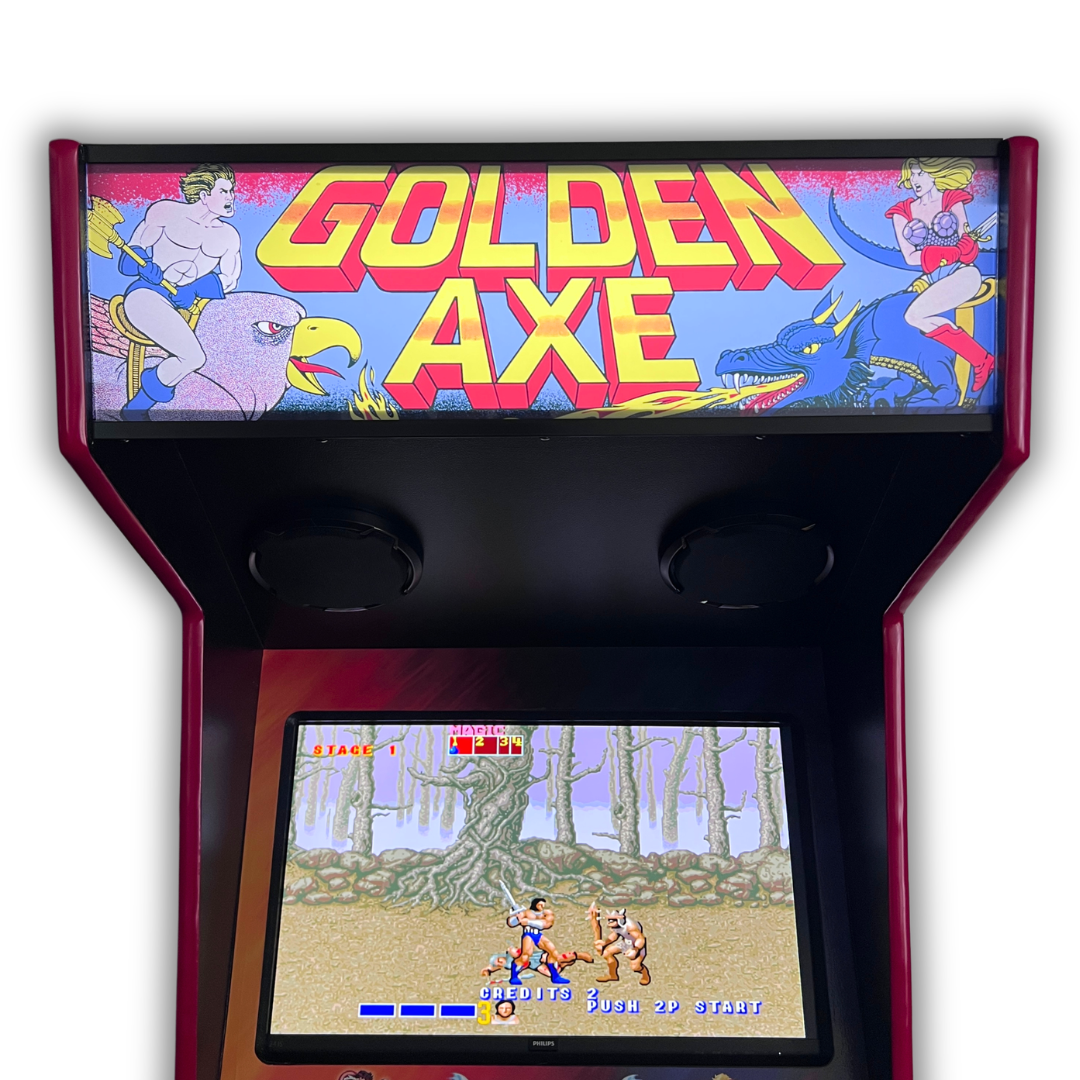 Backlit Golden Axe arcade marquee reproduction mounted on custom upright arcade cabinet during gameplay