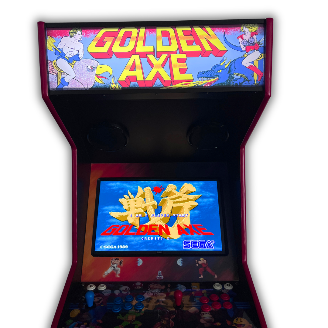 Golden Axe arcade marquee reproduction installed on upright arcade cabinet showing title screen