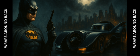 Gotham Legacy arcade artwork with heroic figure and vintage vehicle under a moody skyline.