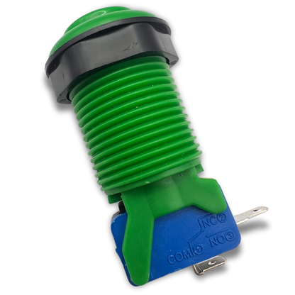 Side view of green arcade button highlighting microswitch terminals