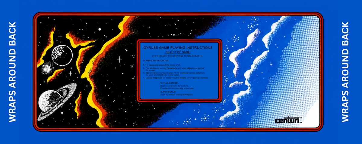 Gyruss arcade control panel overlay reproduction featuring original 1983 Centuri deep space artwork with planets cosmic fire and starfields for DIY arcade cabinet builds.