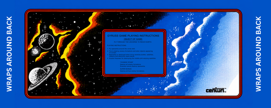 Gyruss arcade control panel overlay reproduction featuring original 1983 Centuri deep space artwork with planets cosmic fire and starfields for DIY arcade cabinet builds.