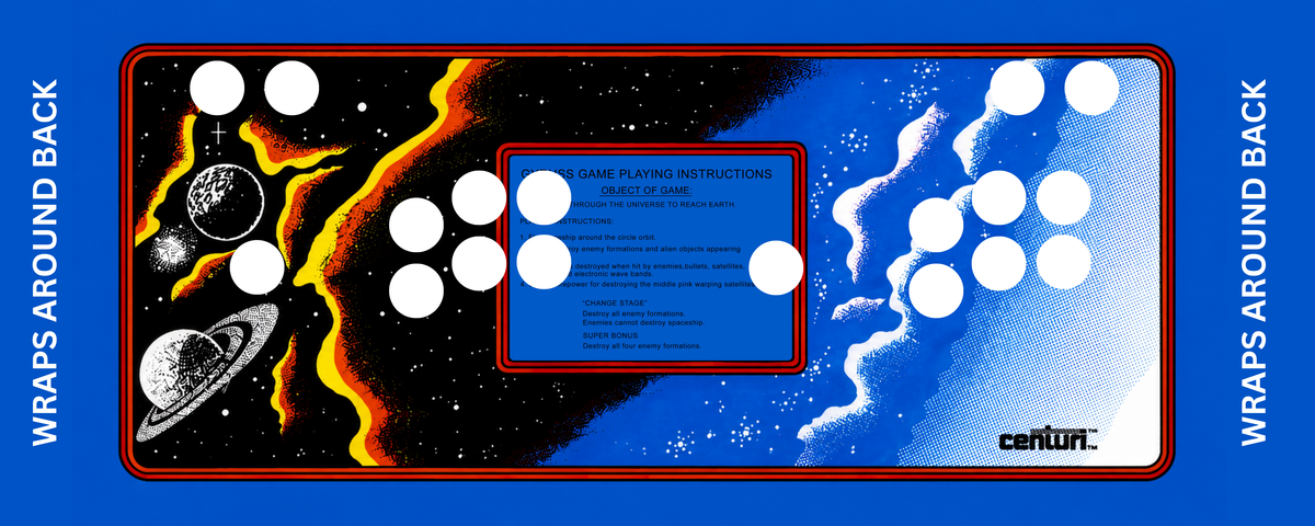 Gyruss arcade control panel overlay reproduction with 2 player button layout featuring original 1983 Centuri deep space artwork with planets cosmic fire and starfields for DIY arcade cabinet builds.