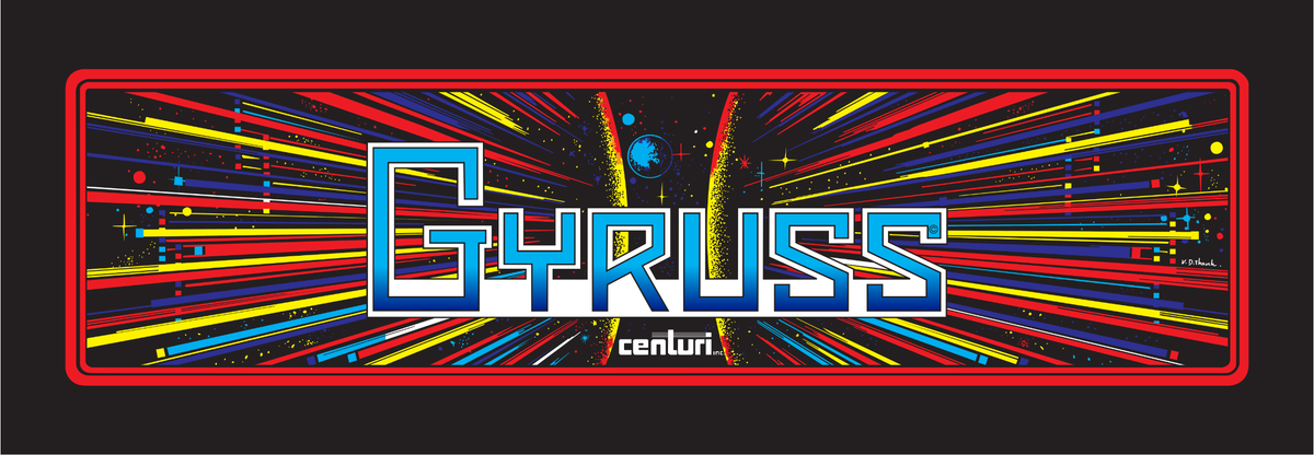 Gyruss arcade marquee reproduction featuring the original 1983 Centuri artwork with bold blue Gyruss logo and explosive burst of red yellow and blue streaking lines against a deep space backdrop for arcade cabinets.