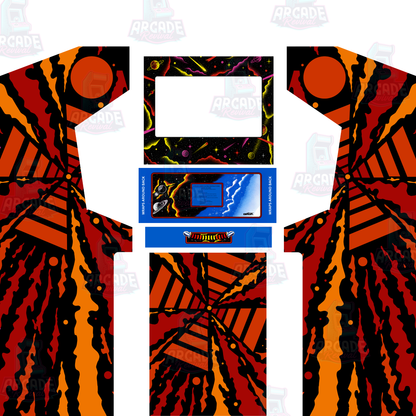 Gyruss classic reproduction arcade cabinet wrap kit without marquee, including side panels, screen surround, control panel and front kick panel