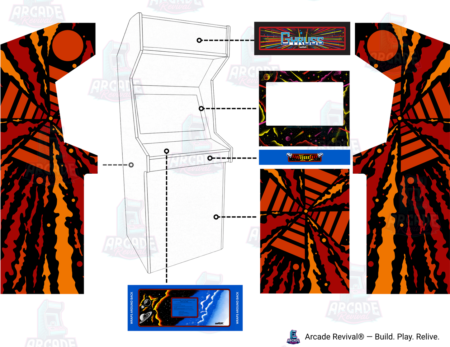Gyruss classic reproduction arcade cabinet wrap mockup showing artwork placement on an Arcade Revival upright cabinet