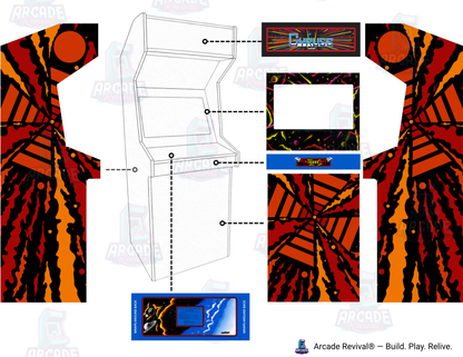 Gyruss classic reproduction arcade cabinet wrap mockup showing artwork placement on an Arcade Revival upright cabinet