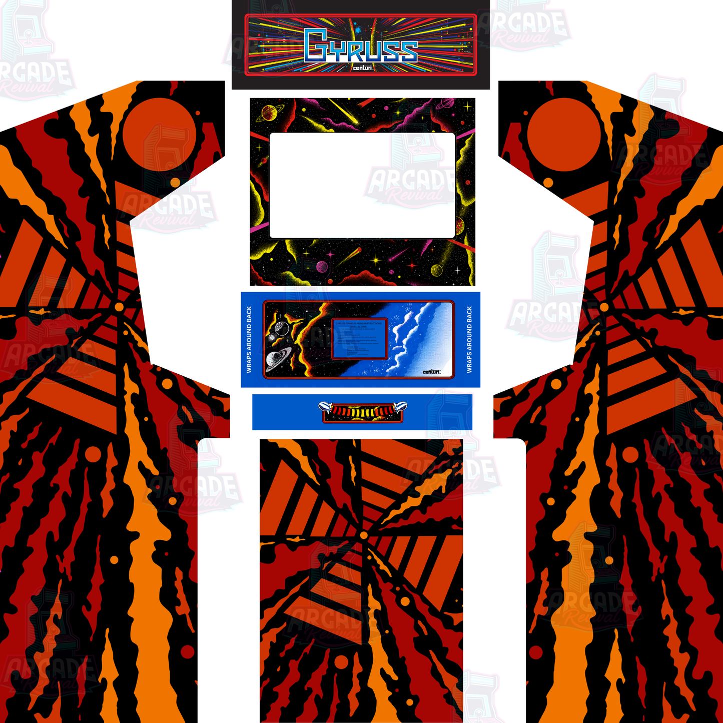 Gyruss classic reproduction full arcade cabinet wrap kit with side artwork, marquee, screen surround, control panel and front kick panel