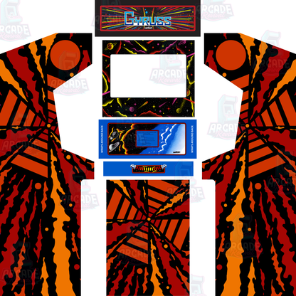 Gyruss classic reproduction full arcade cabinet wrap kit with side artwork, marquee, screen surround, control panel and front kick panel