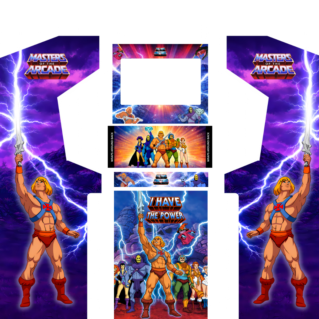He-Man Classic Edition full arcade cabinet wrap kit without marquee featuring classic 80s He-Man side panels and control panel artwork