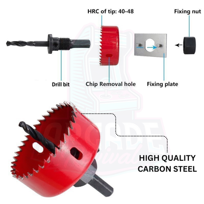 Breakdown diagram of a carbon steel hole saw drill bit with labeled components including drill bit, fixing nut, plate, and chip removal hole