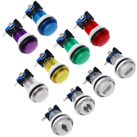 Full set of illuminated arcade buttons in multiple colors and styles, including START, COIN, player icons, and plain colored buttons