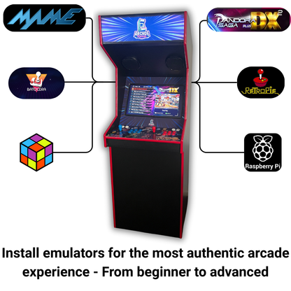 Arcade Revival cabinet surrounded by popular emulator options including MAME, Pandora Saga DX2, RetroPie, Batocera, Raspberry Pi, and LaunchBox. Text below reads: Install emulators for the most authentic arcade experience — from beginner plug-and-play to full custom setups.