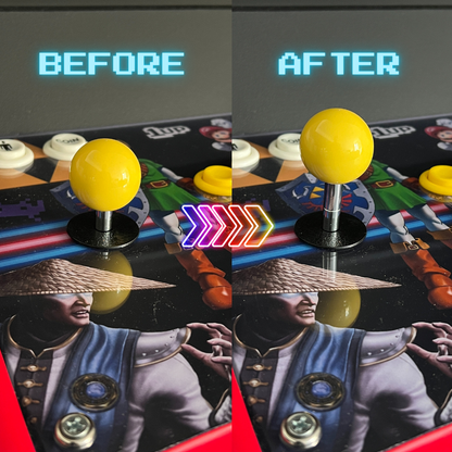 Before and after image showing joystick height increased using extender with yellow balltop
