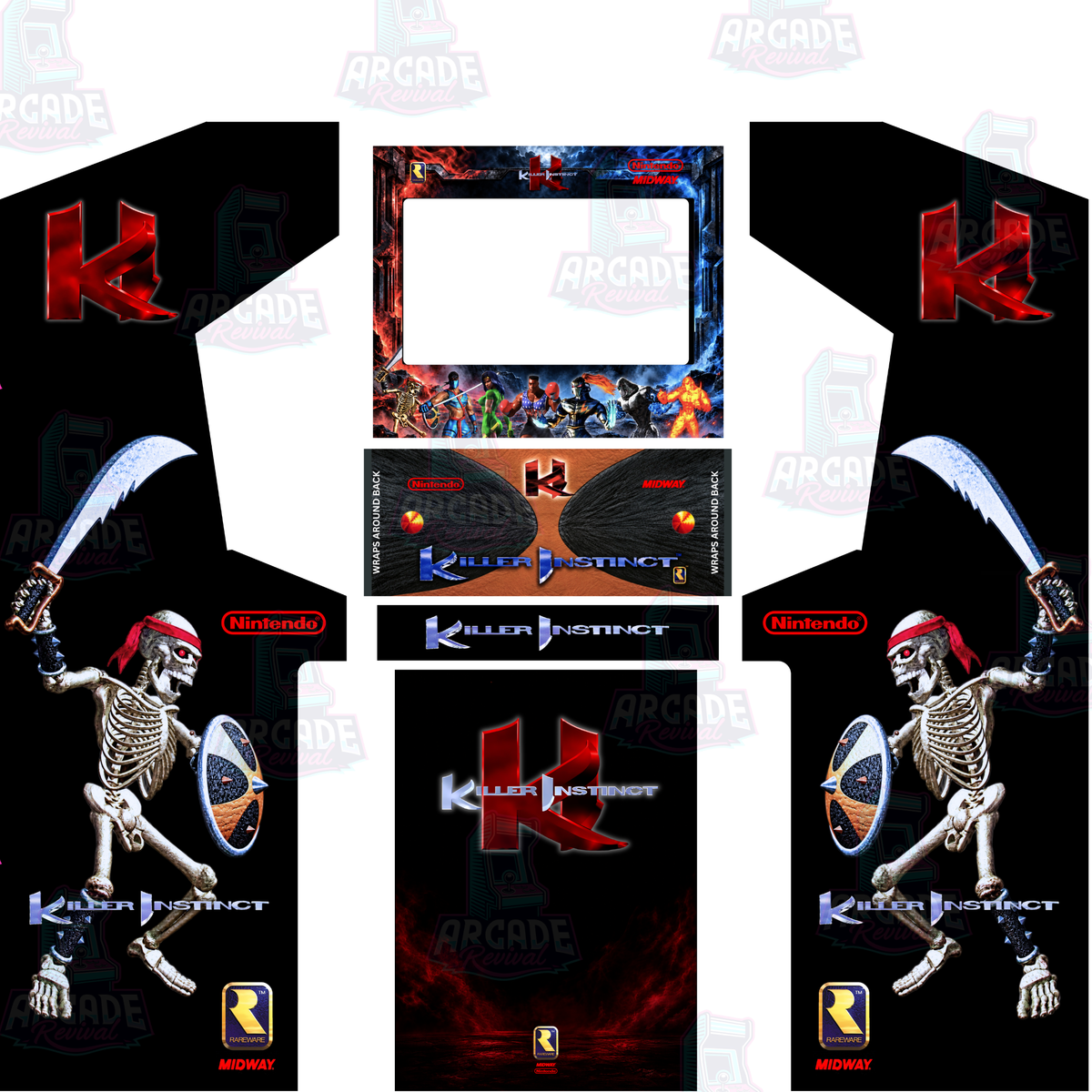Killer Instinct reproduction full arcade cabinet wrap kit with side panels, screen surround, control panel and kick panel