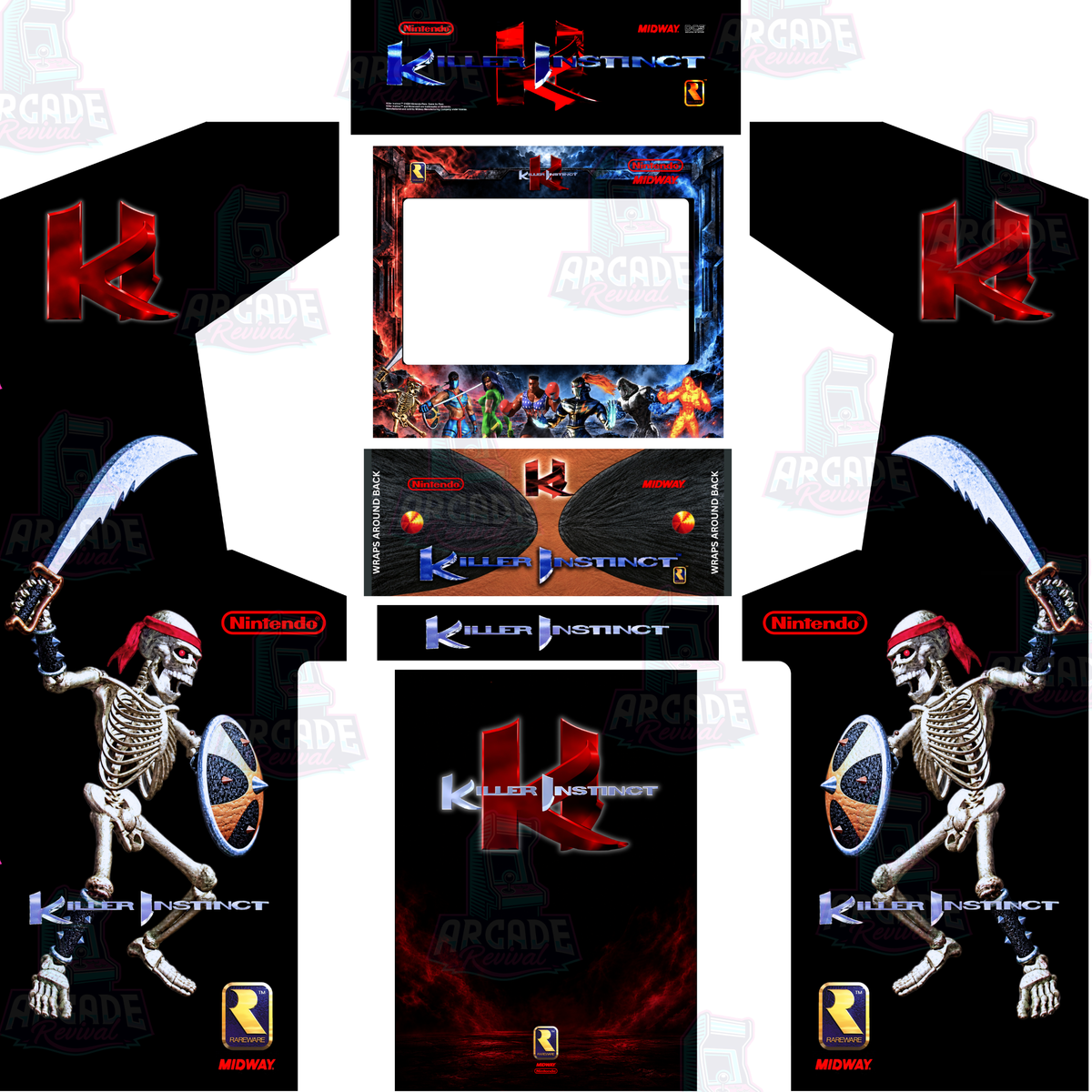 Killer Instinct reproduction full arcade cabinet wrap kit with marquee, side artwork, screen surround, control panel and kick panel