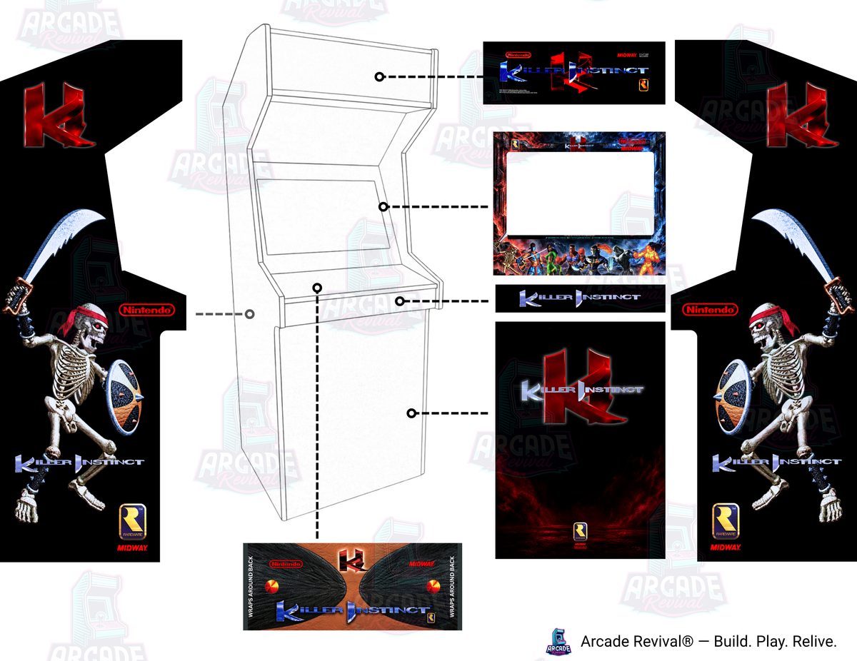 Killer Instinct arcade cabinet wrap kit panel layout showing marquee, screen surround, control panel, kick panel and side artwork