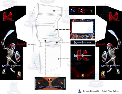 Killer Instinct arcade cabinet wrap kit panel layout showing marquee, screen surround, control panel, kick panel and side artwork