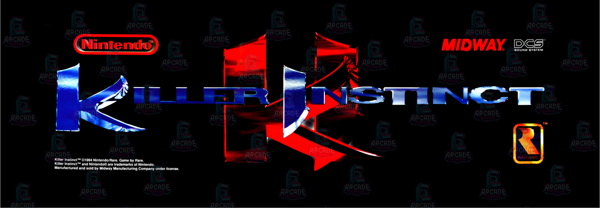 Killer Instinct arcade marquee reproduction featuring the chrome blue Killer Instinct logo with the red KI emblem and Nintendo, Midway and Rareware logos on a black background for arcade cabinets.