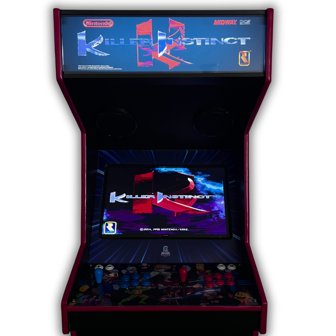 Killer Instinct arcade marquee reproduction front view installed on custom cabinet with backlit display by Arcade Revival.