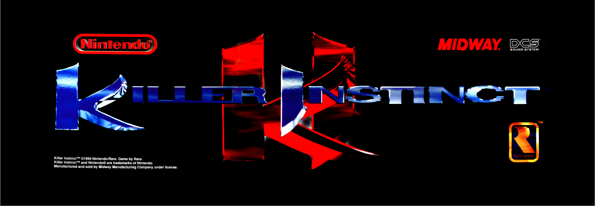 Killer Instinct arcade marquee reproduction featuring the iconic 1994 Nintendo and Midway design with metallic blue logo and red ‘K’ artwork – printed for lightbox arcade cabinets.