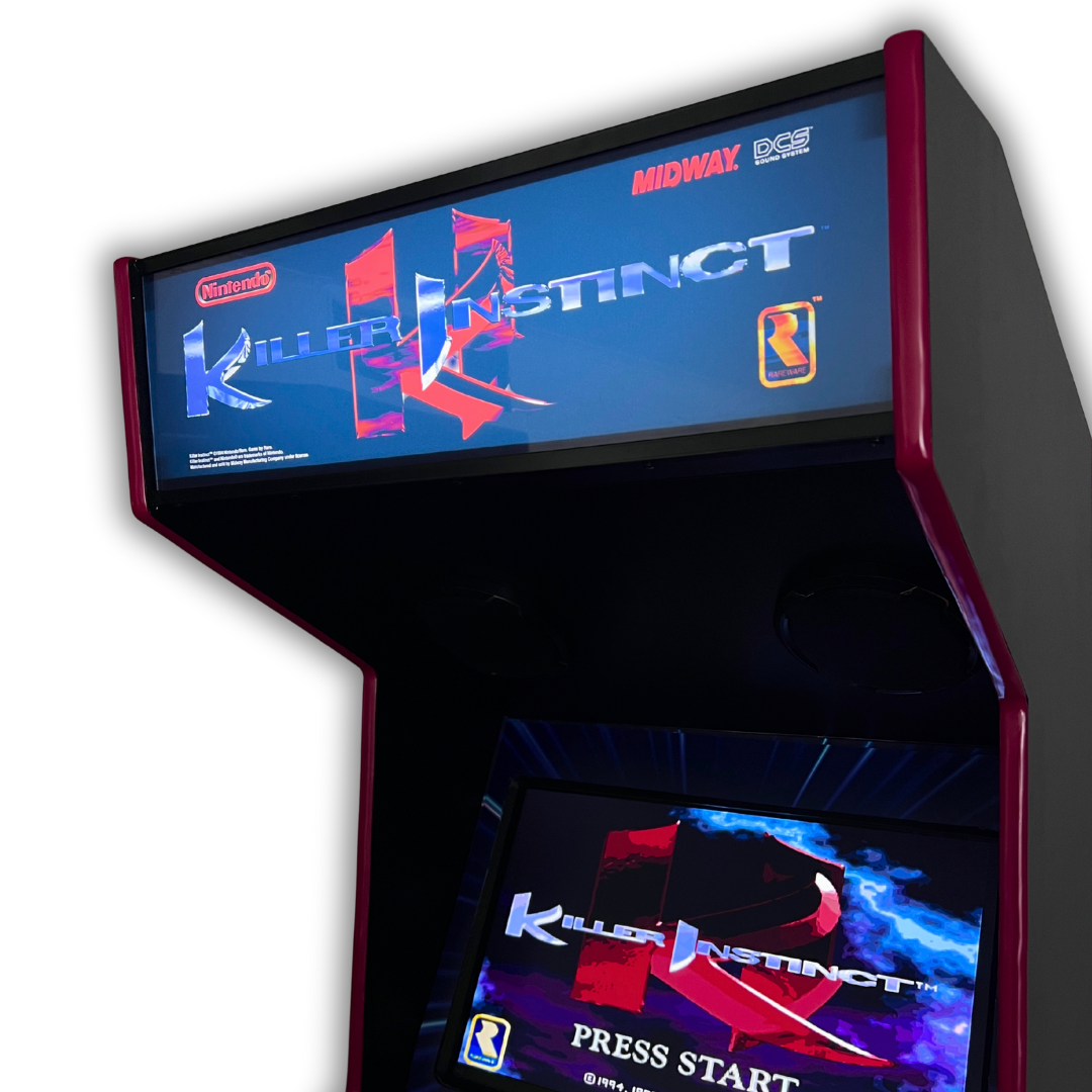 Side angle of Killer Instinct reproduction marquee lit up on an arcade machine, showcasing vibrant detail and accurate artwork.