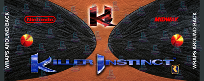 Killer Instinct reproduction control panel overlay featuring original 1994 Rare artwork with chrome Killer Instinct logo, red KI emblem and Nintendo, Midway and Rareware logos against a black and tan leather-look backdrop for DIY arcade cabinet builds.
