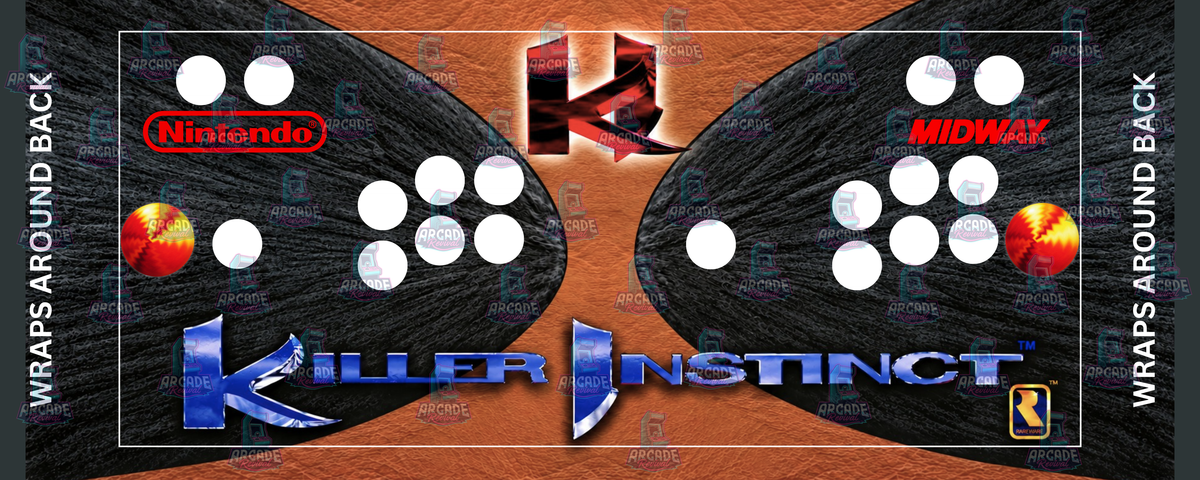 Killer Instinct reproduction control panel overlay with 2 player button layout featuring original 1994 Rare artwork with chrome Killer Instinct logo, red KI emblem and Nintendo, Midway and Rareware logos against a black and tan leather-look backdrop for DIY arcade cabinet builds.