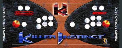 Killer Instinct reproduction control panel overlay with 2 player button layout featuring original 1994 Rare artwork with chrome Killer Instinct logo, red KI emblem and Nintendo, Midway and Rareware logos against a black and tan leather-look backdrop for DIY arcade cabinet builds.