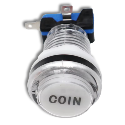 White LED arcade button with COIN label – clear shell, 12V illuminated