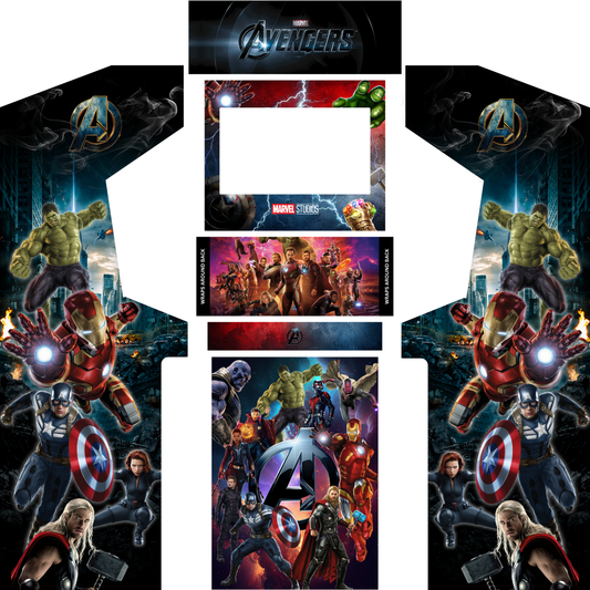 Marvel Avengers arcade cabinet wrap kit featuring Iron Man, Captain America, Thor, Hulk and Black Widow for Arcade Revival upright arcade cabinets.